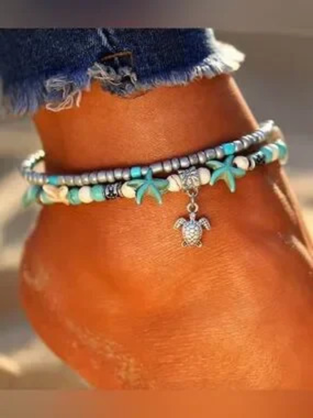 Turquoise Starfish & Turtle Beaded Anklet Set